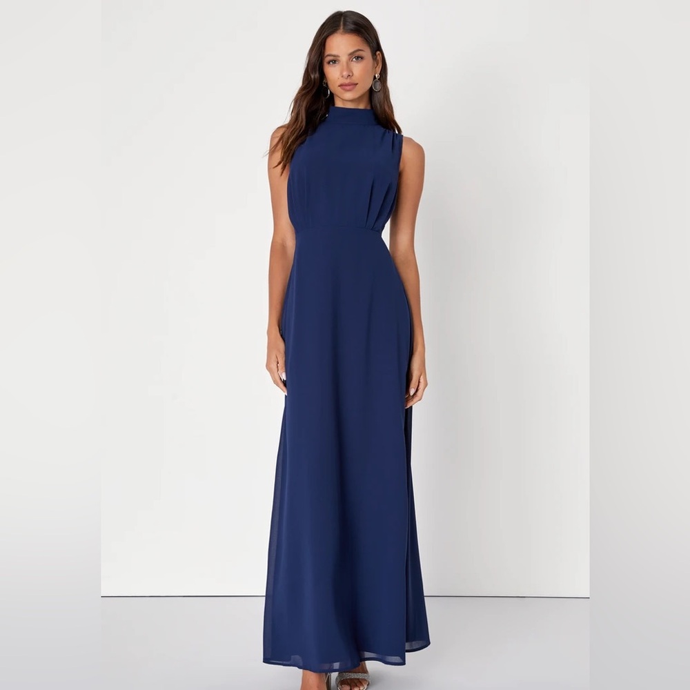 Lulus Classic Elegance Navy Chiffon Sleeveless Mock Neck Maxi Dress